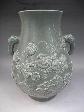 Chinese Monochrome Carved Lotus Flower Mandarin Duck Porcelain Vase photo