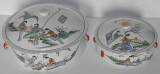 Antique Chinese Vegetable & Rice Bowl Set Of 2 Covered Hand Painted Figural Fair photo