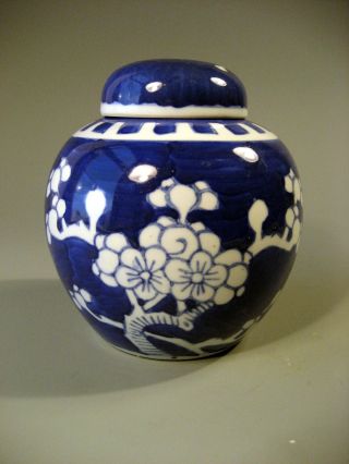 China Chinese Porcelain Ginger Jar W/ Blue White Cherry Blossom Decor 20th C. photo