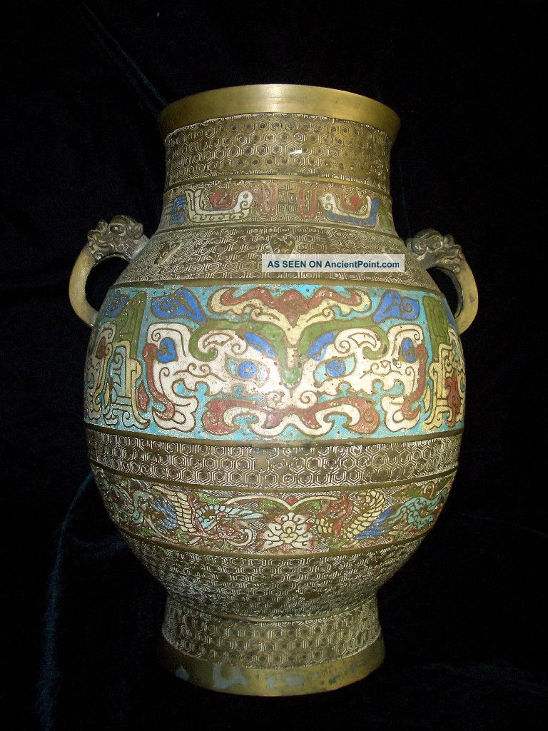 Large Japanese Meiji Period Cloisonne Bronze Hu Vase 14.  5 