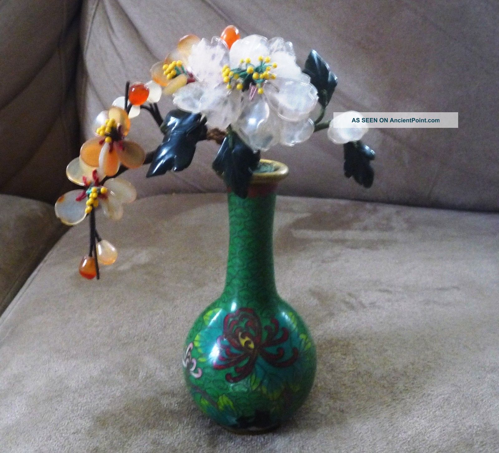 Antique Asian Vase With Hand Carved Gemstone Flowers Vases photo
