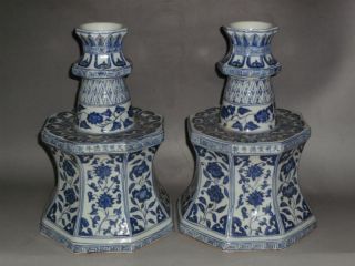 Pair Rare Chinese Blue&white Porcelain Lotus Scroll Candle Holders photo