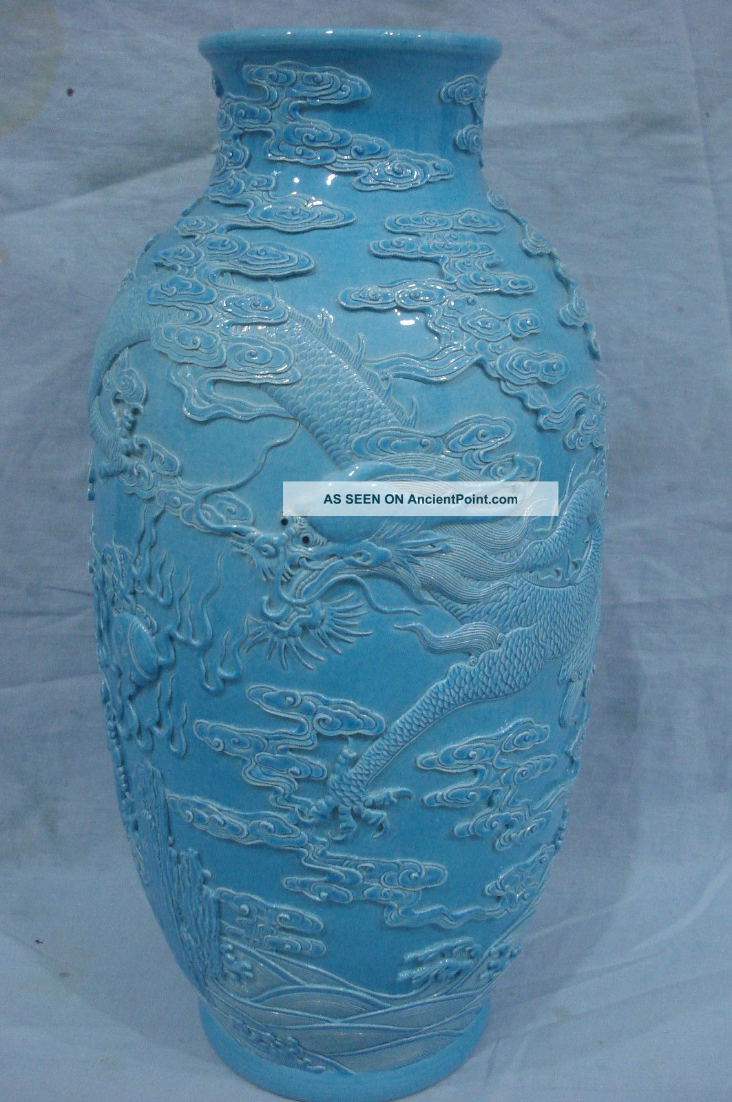 Huge Chinese Blue Glaze Carved Dragons Porcelain Vase Mark Vases photo