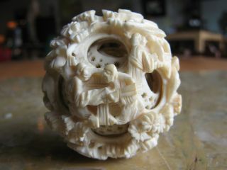 Antique Chinese Faux Ivory Ox Bone Carved Mystery Ball / Puzzle Ball photo