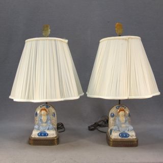 Oriental Pair Of Porcelain Lamps With Jade Finals As/4349 photo