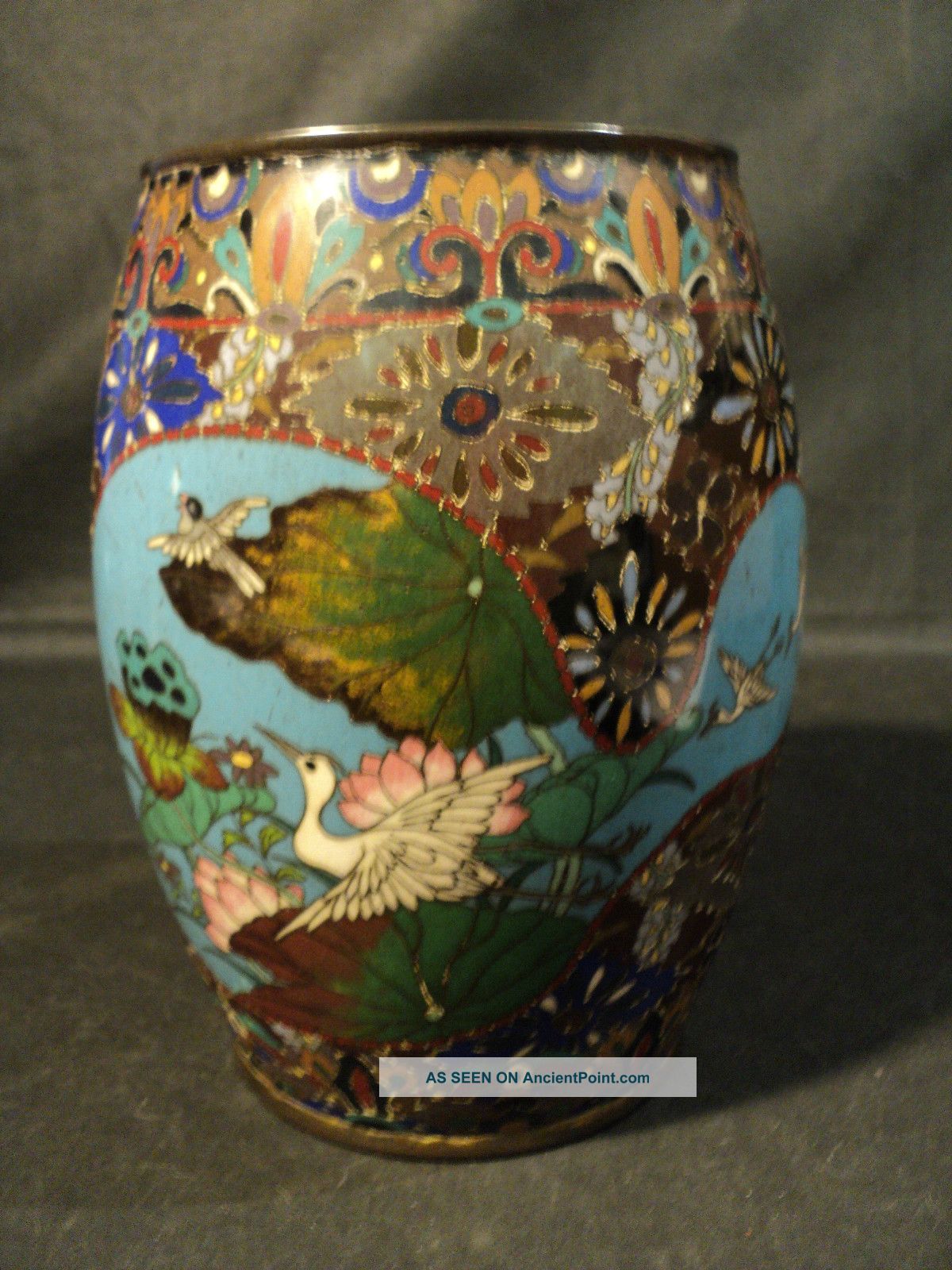 Fabulous 19th C.  Japanese Cloisonne Enamel On Bronze Vase W/ Manchurin Crane Vases photo