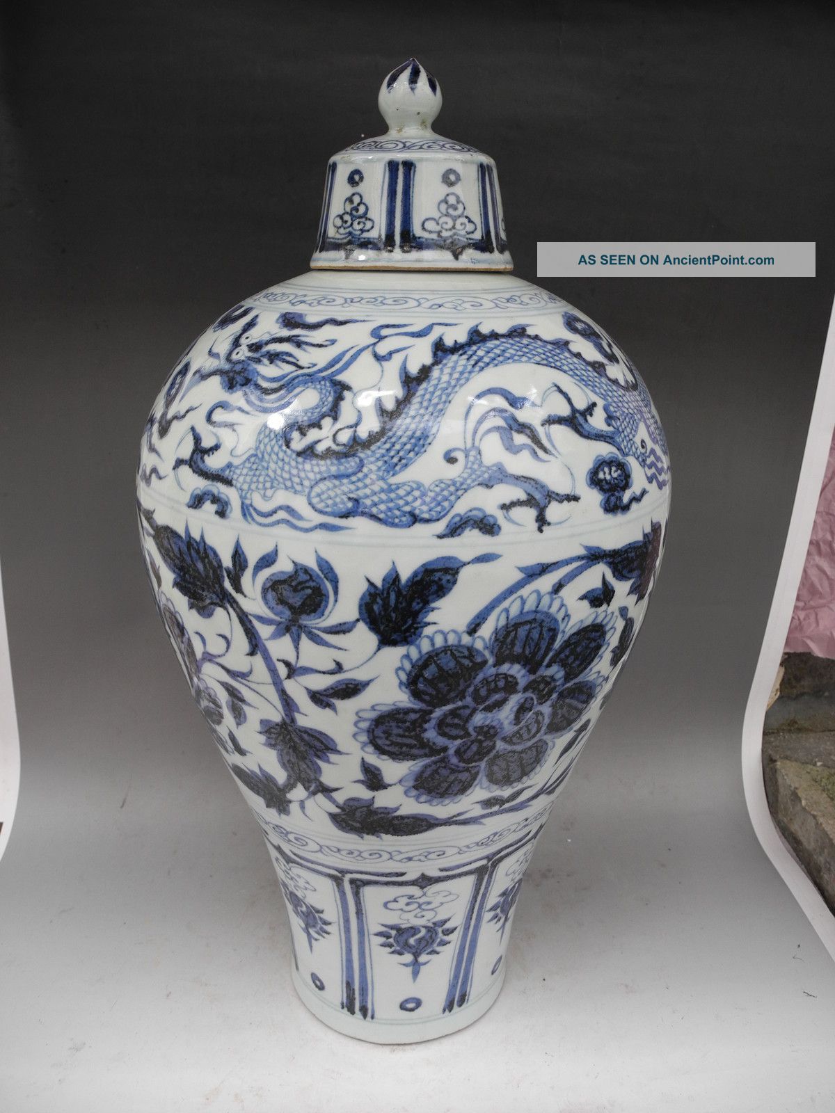Chinese Big Blue & White Dragon Peony Flower Porcelain Vase Vases photo