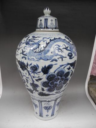 Chinese Big Blue & White Dragon Peony Flower Porcelain Vase photo