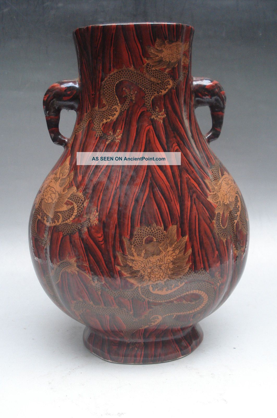 Chinese Wood Grain Glaze Dragons Porcelain Vase Marked Vases photo