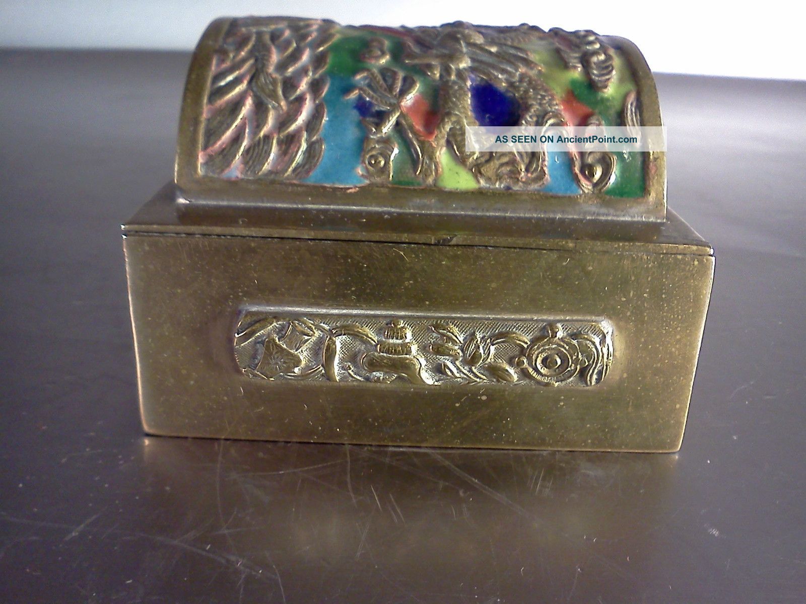 Antique Chinese Brass And Enamel Dragon Relief Cigarette Box China Other photo