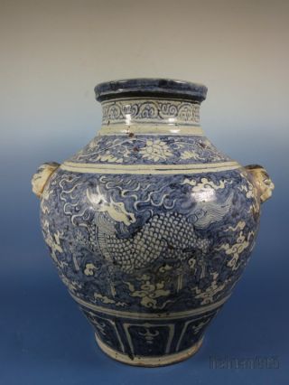A Huge Stunning Chinese Blue And White Porcelain Eared Jar Kylin Vase photo