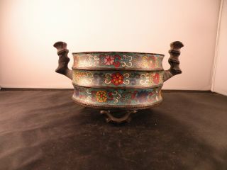 Antique Chinese Export Footed Bronze Bowl,  Vessel,  Enameled Flowers,  Signed photo