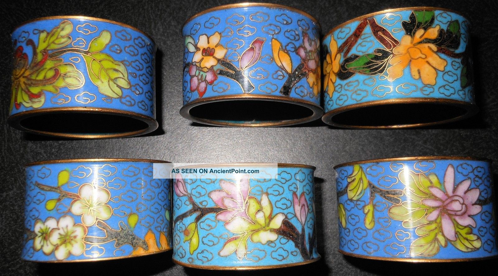 6 Chinese Cloisonne Napkin Rings,  Different Flowers,  Heavy Other photo