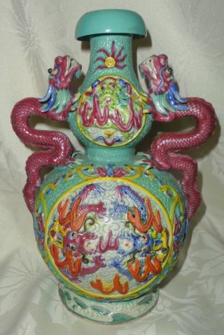 Antique Intricate Chinese Porcelain Moving Eyes Pop - Eye Dragons Vase 9.  5 