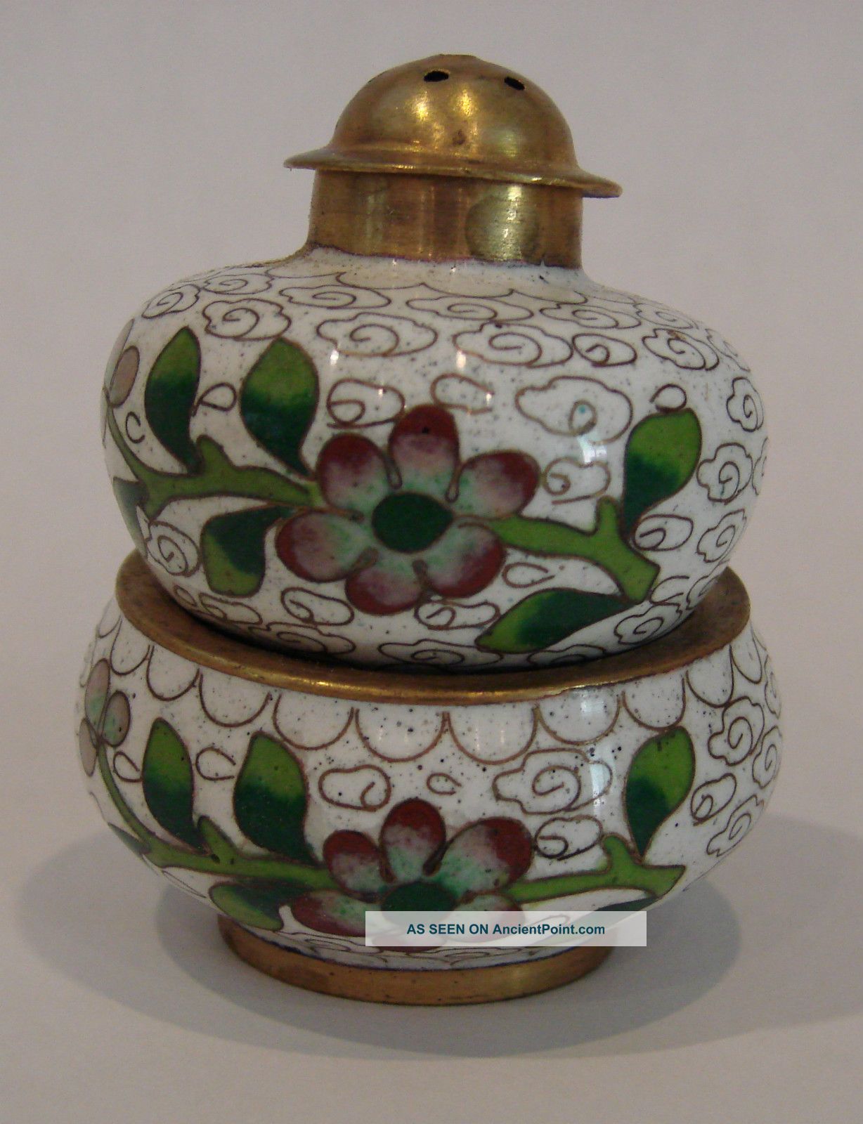 White Chinese Cloisonne Enamel And Brass Open Salt Cellar Dish & Pepper Shaker Other photo