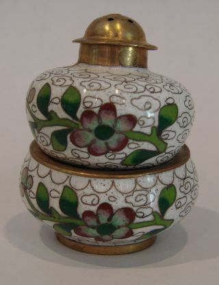 White Chinese Cloisonne Enamel And Brass Open Salt Cellar Dish & Pepper Shaker photo