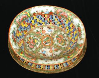19th C.  Antique Chinese Export Rose Medallion Reticulated Fruit Bowl & Plate photo
