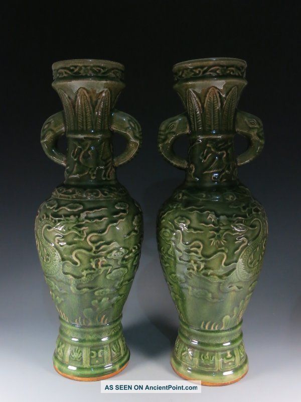 A Pair Huge Stunning Chinese Longquan Kiln Porcelain Dragon Vase Elephant Eared Vases photo