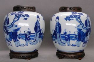Pair Of Chinese Kangxi Blue And White Figures Jar 18th C photo