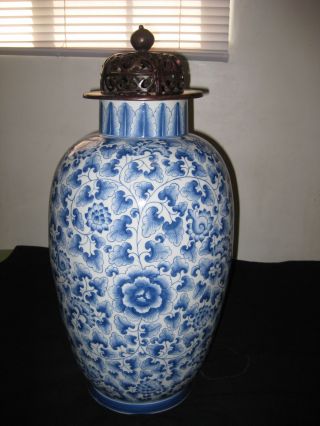 Antique Chinese Porcelain Large Blue And White Vase With Solid Bronze Lid photo
