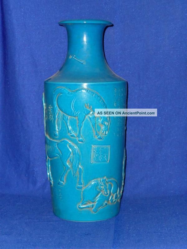 Chinese Glzae Green Porcelain Eight Horses Vase Vases photo