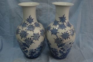 Chinese Pair Blue & White Flower Bird Porcelain Vases photo