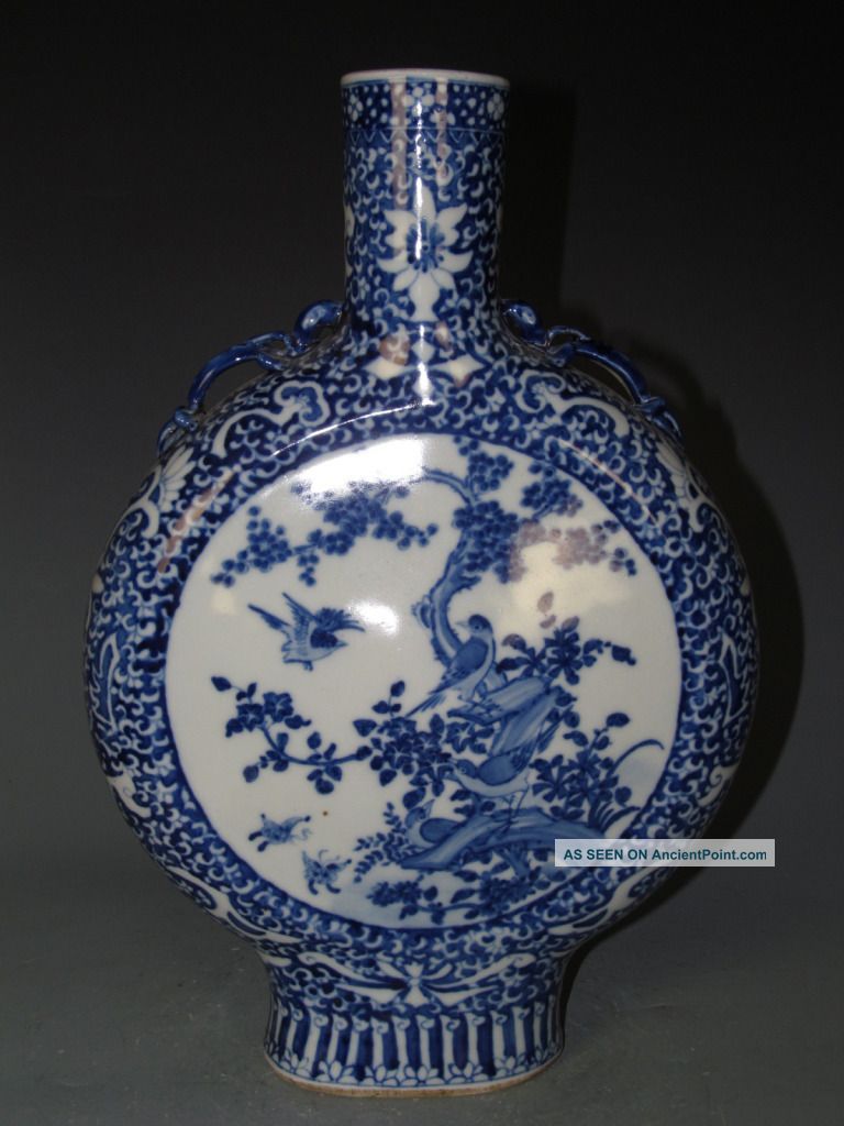 Fine Chinese Blue & White Porcelain Flat Flowers & Birds Vase Vases photo