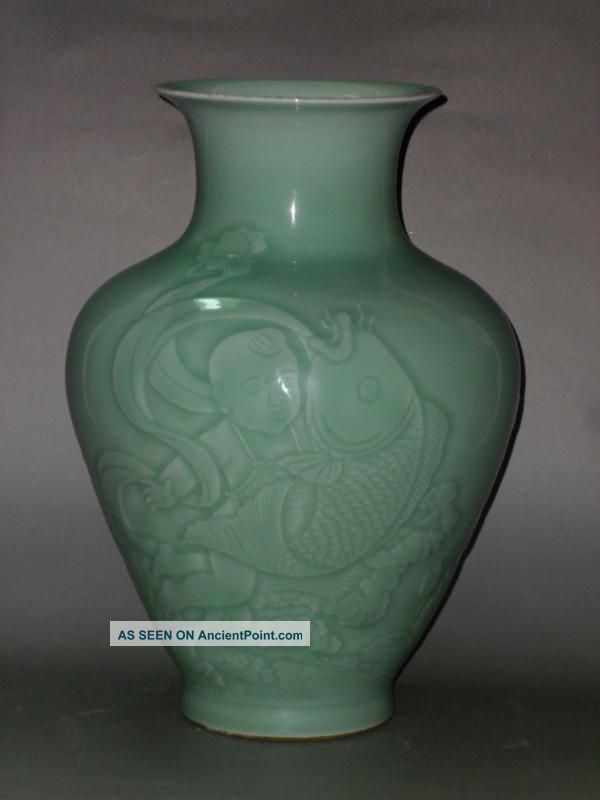 Rrae Chinese Sky Blue Glazed Porcelain Fish Vase Vases photo