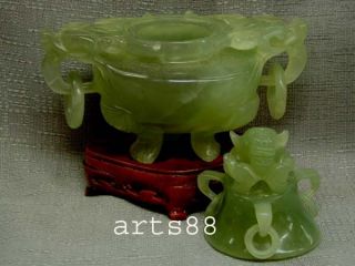 Old Chinese Green Serpentine Jade Of Incense Burner 15 photo