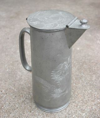 Antique Pewter Pitcher Tankard Takwo Swatow Double Dragon Engraved 9 