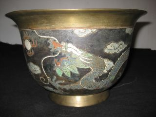 Antique Chinese Bronze Big Bowl Hand Painted Ming Dynasty Mark photo