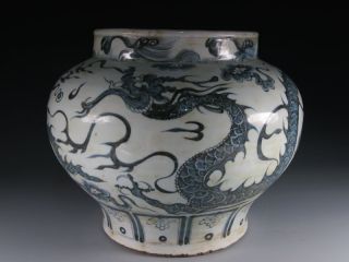 A Large Stunning Chinese Blue And White Porcelain Dragon Pot photo