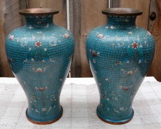 Pair Of Antique Asian Chinese Cloisonné Enamel Copper Blue Vases Qing Dynasty photo