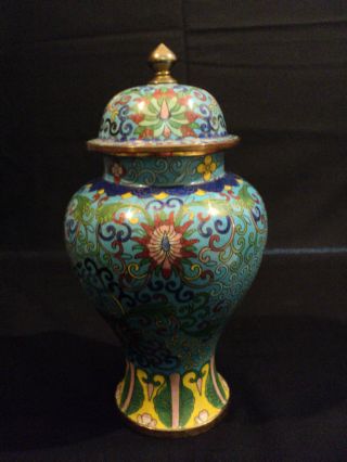 Antique Chinese Cloisonne Enamel On Bronze Lidded Urn With Floral Decoration photo