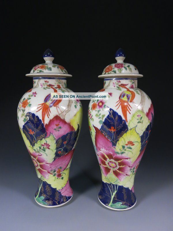 A Pair Stunning Chinese Export Tobacco Leaf Porcelain Vases Vases photo