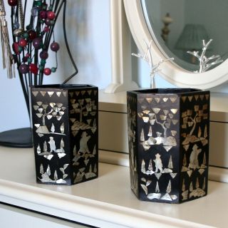 Chinese Brush Pots Ebony Mother Of Pearl Panels Depicting Figures & Flowers photo