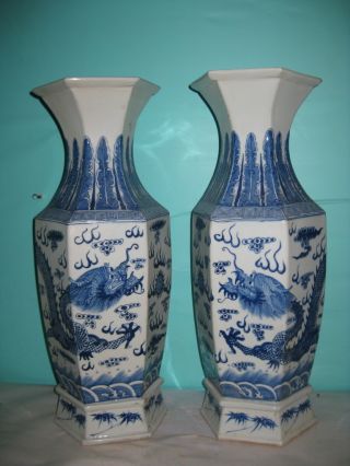 Antique Chinese Porcelain Hexagon Blue And White Flower Vase photo