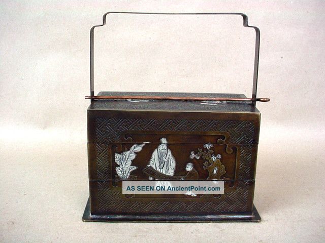 Chinese 19th Century Antique Copper Lunch Box W/silver Inlaid Scholar Figures Other photo
