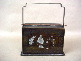 Chinese 19th Century Antique Copper Lunch Box W/silver Inlaid Scholar Figures photo