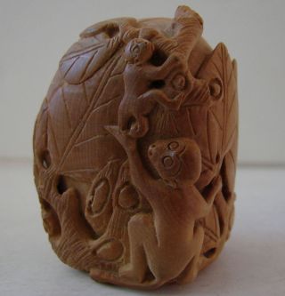 Old Chinese Hand Carved Wood Peach With Monkey Monkeys photo