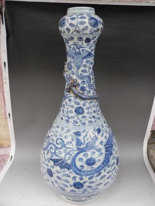 Chinese Big Blue & White Dragon Porcelain Garlic Vase photo