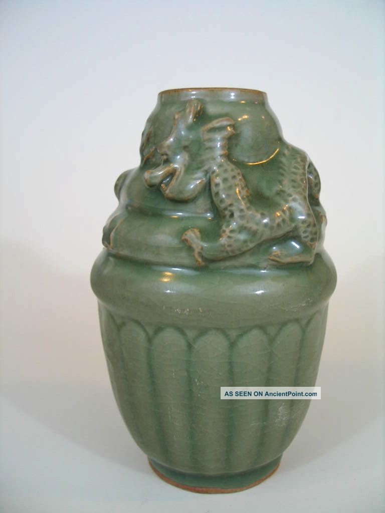 Antique Chinese Celadon Porcelain Dragon Vase Vases photo