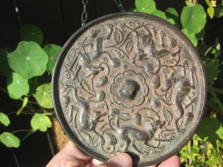 Antique Chinese Bronze Mirror - 5 Running Suani & Grapes,  5.  25” Tang Dynasty? photo
