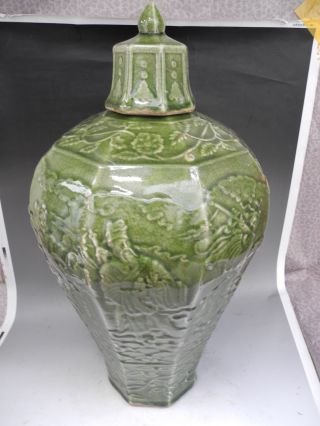 Chinese Huge Long Quan Kiln Carved Porcelain Eight Fairies Vase photo