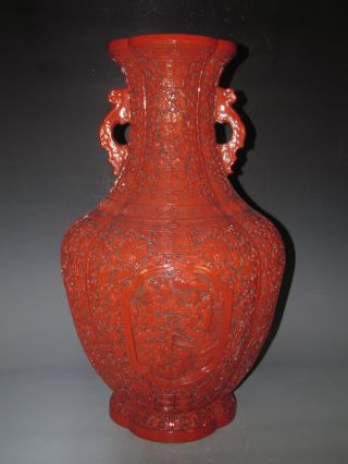 Fine Chinese Huge Red Coral ' S Glaze Porcelain Carved Landscape Vase photo