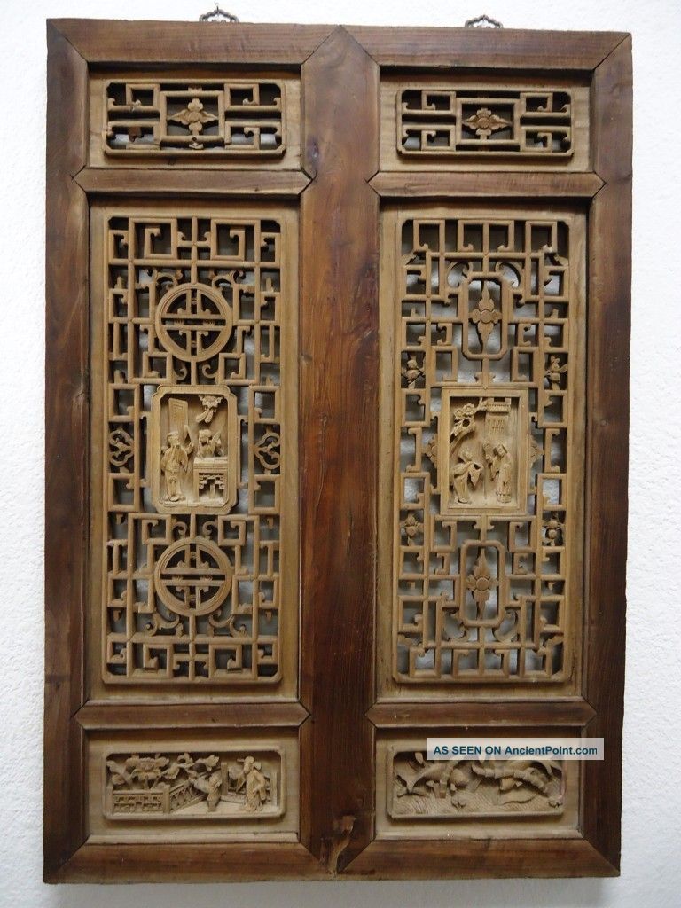 Rare Joined Pair Chinese Antique Wall Wood Panel Wooden Screen 19c Deep Carved Other photo