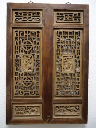 Rare Joined Pair Chinese Antique Wall Wood Panel Wooden Screen 19c Deep Carved photo