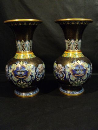 Pr Chinese Cloisonne Enamel Vases W/ Foo Dogs photo