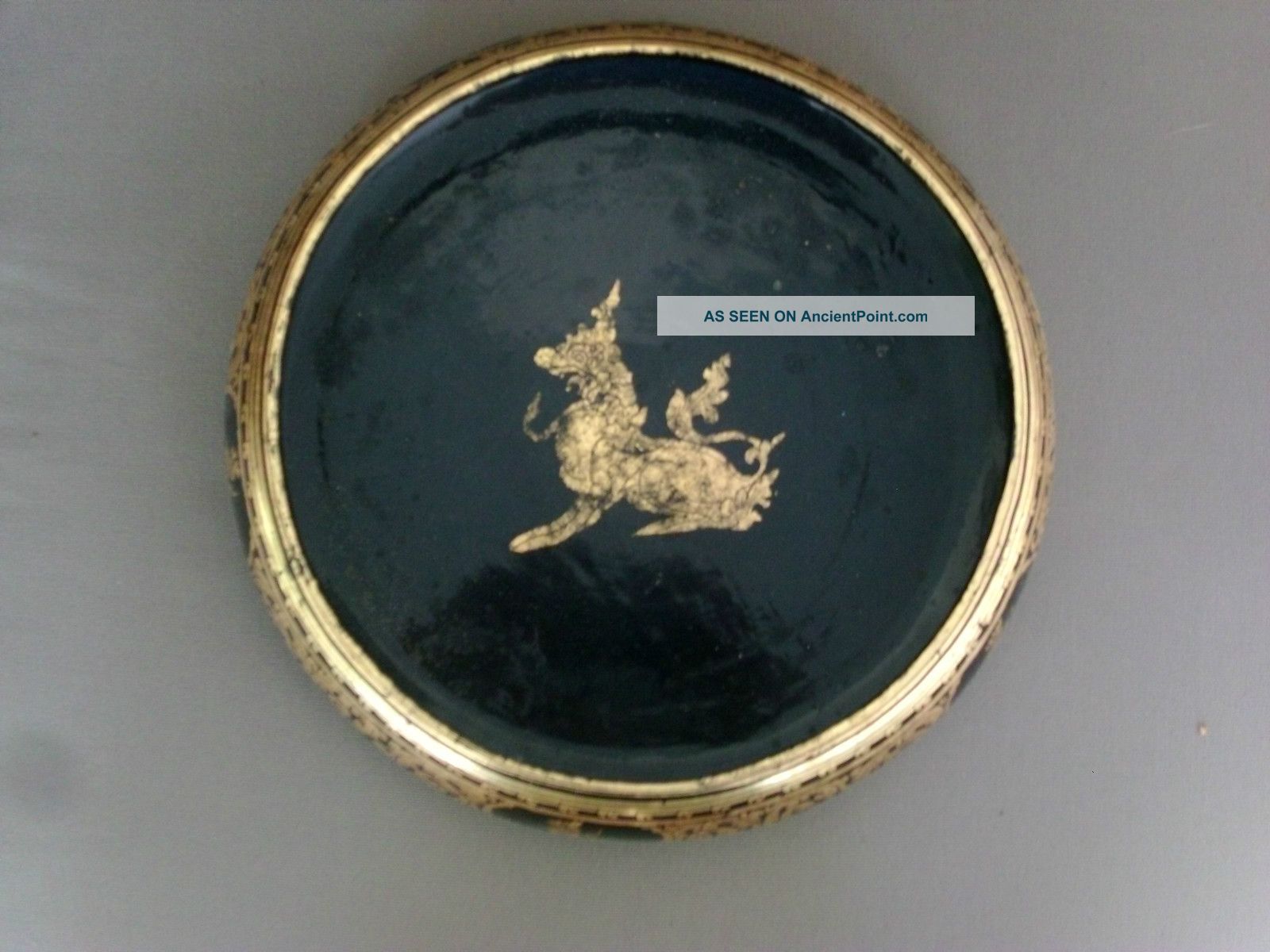 Large Antique Chinese Mirror Black Lacquer & Gilt Bowl Dragon 19th Century Bowls photo