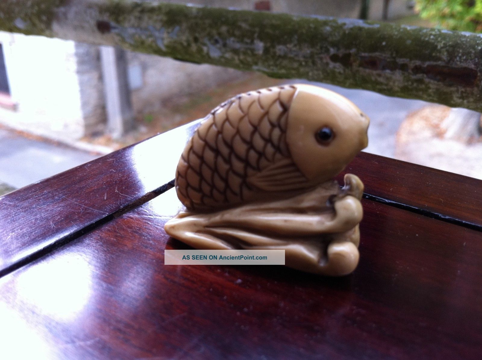 Old Ox Bone Carving Carved Oxbone Japanese Nestuke Japan Fish 19e Poisson Netsuke photo
